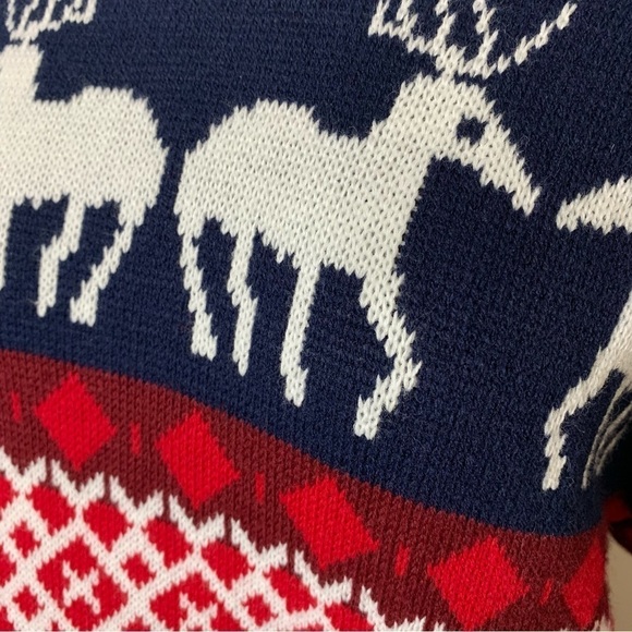Fair isle Knit Sweater Sz S Oversized Blue Red Winter Deer Ugly Xmas Pullover - Picture 9 of 11